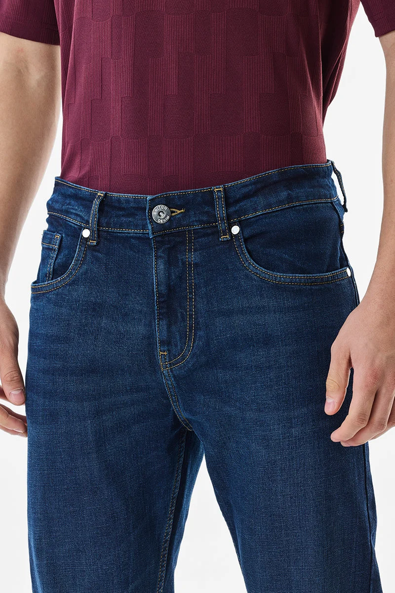 SNITCH Navy Straight Fit Stretch Washed Jeans for Men | Best Price UAE